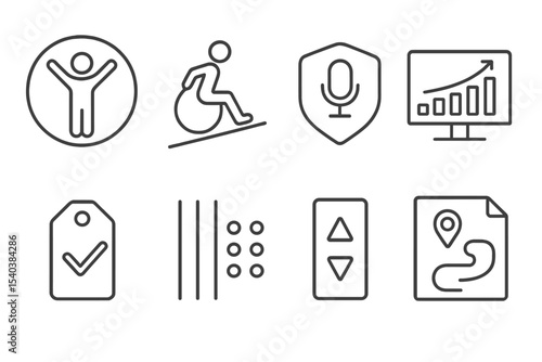 Smart City Accessibility Icons. Line style icons of smart cities and urban systems: inclusive access symbol, wheelchair path icon,