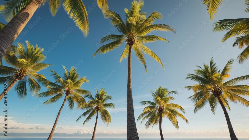 Soaring Above Vibrant Palm Tree Crowns in a Serene Coastal Summer Landscape Soaring Above Vibrant Palm Tree Crowns in a Serene Coastal Summer Landscape