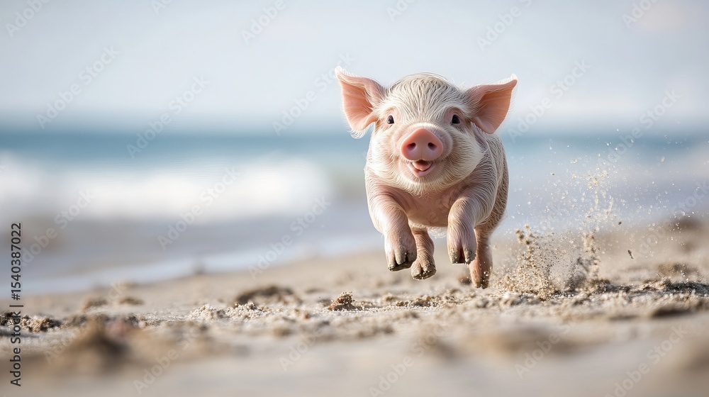 Piglet joyfully runs along sandy beach, kicking up sand with ocean waves softly breaking in the distance.