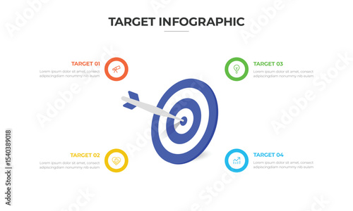 Target Infographic Template with Arrow Hitting Bullseye, Business Goals, Strategy, and Success Concept