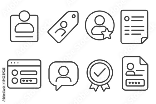 Digital Identity Icons. Line style icons of digital identity: account creation icon, signup process tag, new user badge, form fill