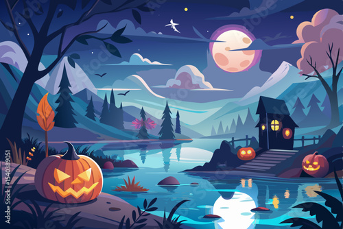 Spooky Halloween night landscape with a haunted castle, silhouetted trees, and a full moon illuminating pumpkins and bats
