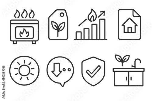 Climate Technology Icons. Line style icons of climate technologies: clean cooking stove icon, biomass energy tag, fuel-efficient