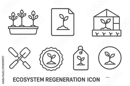Ecosystem Regeneration Icons. Line style icons of ecosystem regeneration: native tree nursery icon, young sapling file, greenhouse