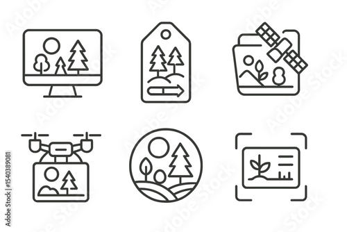 Ecosystem Regeneration Icons. Line style icons of ecosystem regeneration: ecosystem monitoring icon, restoration progress tag,