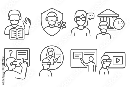 AR VR Education Icons. Line style icons of AR and VR at home: education in VR, science simulation badge, language tutor overlay,