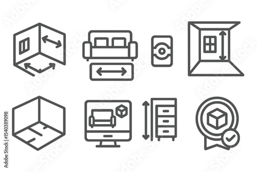 AR and VR Home Tools. Line style icons of AR and VR at home: interior measurement icon, furniture scale chart, wall alignment