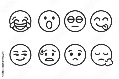 Emotional Face Icons. Line style icons of emotional reactions: face with tears of joy, face with open mouth, rolling eyes face,
