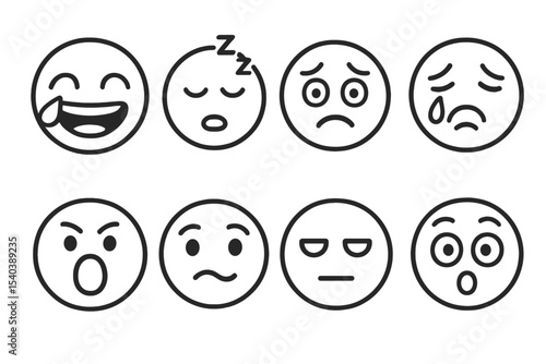 Line Style Emojis. Line style icons of emoji variants: laughing emoji, sleepy emoji, anxious emoji, crying emoji. yelling emoji,
