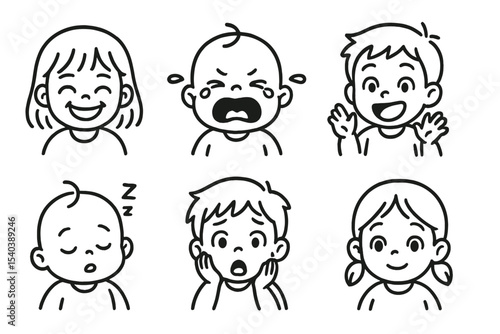 Childish Emotions Icons. Line style icons of childish emotions: giggling child, crying baby, excited kid, sulking child. sleepy