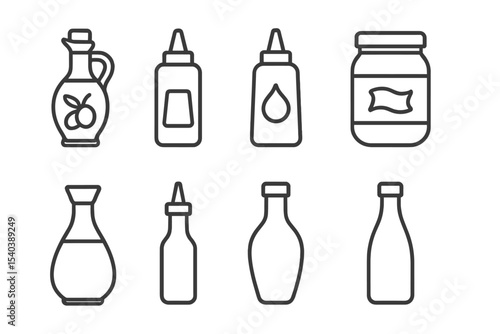 Condiment Line Icons. Line style icons of oils and condiments: olive oil, ketchup bottle, mustard bottle, mayonnaise jar. soy