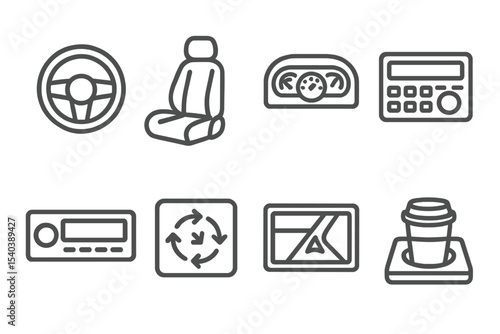 Vehicle Interior Icons. Line style icons of vehicle interiors: steering wheel, car seat, dashboard, control panel. radio, air
