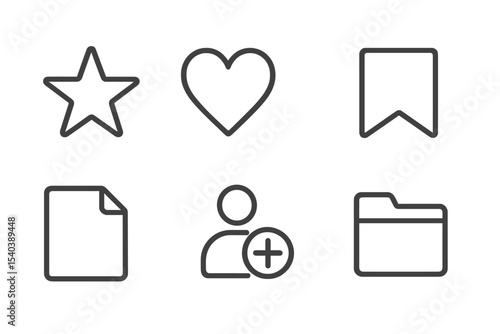 Icons of Favorites. Line style icons of bookmarks and favorites: star icon, heart icon, ribbon icon, bookmark tab. saved page,