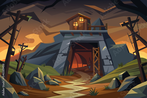 Summer camping illustration with a treehouse by the sea at sunset