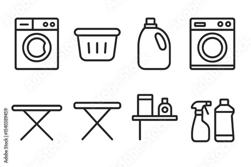 Laundry Room Essentials. Line style icons of laundry room items: washing machine, laundry basket, detergent bottle, dryer. ironing