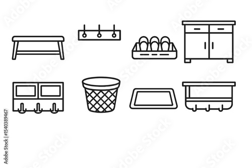 Mudroom Essentials Icons. Line style icons of mudroom setup: bench seat, coat hooks, shoe tray, storage cabinet. wall rack,