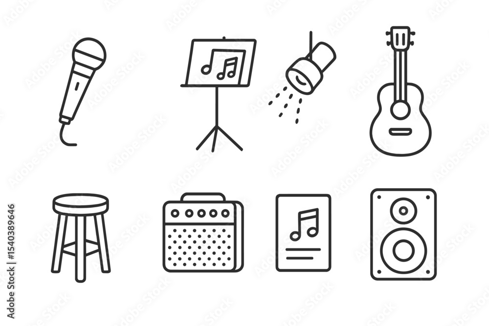 Obraz premium Solo Performance Icons. Line style icons of solo performance: microphone, music stand, spotlight, acoustic guitar. stool, amp,