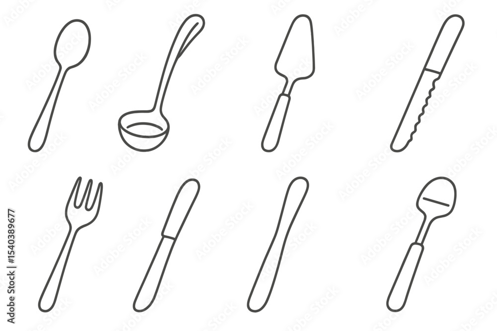 Line Style Serving Tools. Line style icons of serving tools: serving spoon, soup ladle, cake server, bread knife. cheese slicer, Line Style Serving Tools. Line style icons of serving tools: serving spoon, soup ladle, cake server, bread knife. cheese slicer,