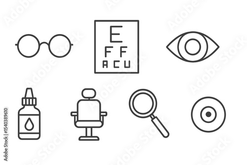 Vision Care Icons. Line style icons of vision and eye care: eyeglasses, eye chart, eye icon, contact lens. eye drops, optometrist