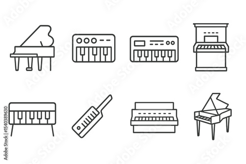 Keyboard Instruments Icons. Line style icons of keyboard instruments: piano, synthesizer, digital keyboard, organ. electric piano,