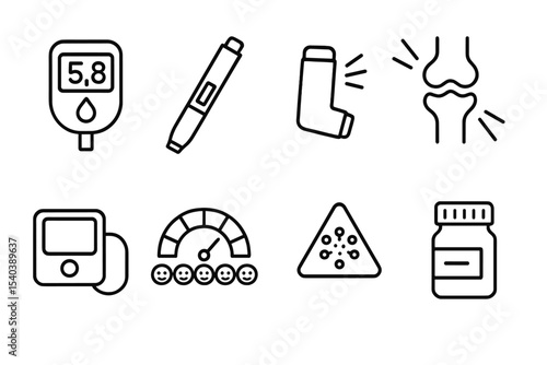 Chronic Disease Icons. Line style icons of chronic disease care: glucose meter, insulin pen, asthma inhaler, joint pain icon.