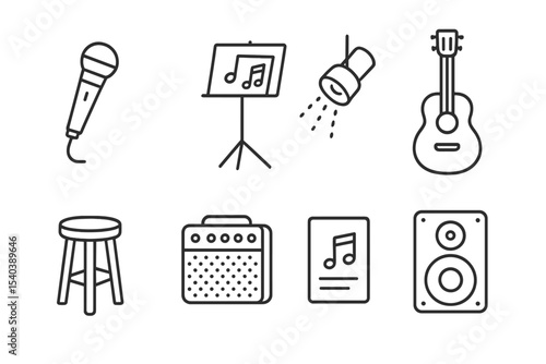 Solo Performance Icons. Line style icons of solo performance: microphone, music stand, spotlight, acoustic guitar. stool, amp,