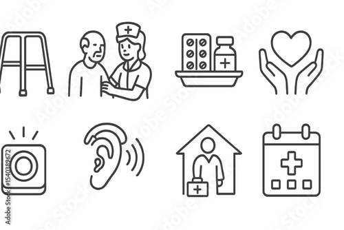Elderly Care Icons. Line style icons of elderly medical care: walking frame, nurse help, medication tray, heart support. call