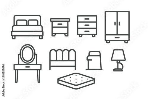 Bedroom Furniture Icons. Line style icons of bedroom furniture: bed, nightstand, dresser, wardrobe. vanity table, headboard,
