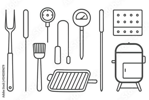 Grilling Gear Icons. Line style icons of grilling gear: grill fork, grill brush, meat thermometer, grill pan. BBQ tongs, smoker