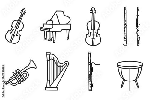 Classical Music Icons. Line style icons of classical music instruments: violin, grand piano, cello, oboe. trumpet, harp, bassoon,