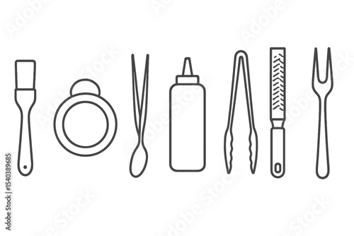 Plating Tool Icons. Line style icons of meal plating tools: sauce brush, ring mold, garnish tweezer, plating spoon. squeeze bottle