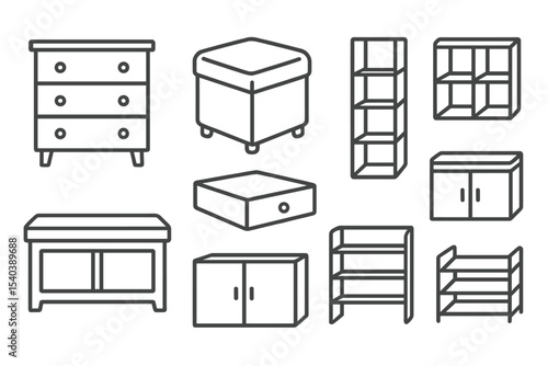 Storage Furniture Icons. Line style icons of storage furniture: drawer chest, storage ottoman, shelving unit, cube shelf. storage