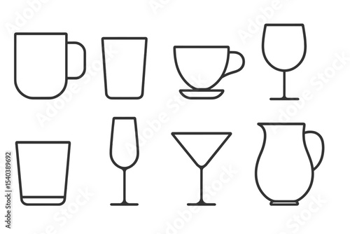 Drinkware Line Icons. Line style icons of drinkware: mug, glass, teacup, wine glass. tumbler, champagne flute, cocktail glass,