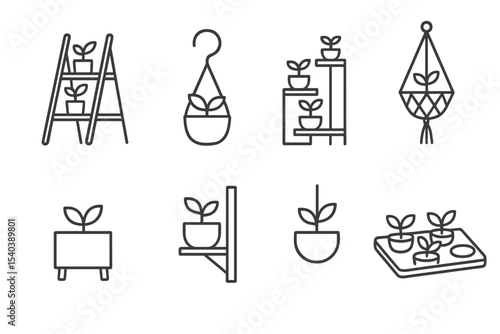 Indoor Plant Icons. Line style icons of indoor plant display: ladder shelf, hanging hook, corner stand, macrame hanger. tabletop