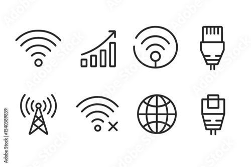 Line Style Network Icons. Line style icons of internet connection: Wi-Fi signal, mobile data, hotspot icon, Ethernet cable.