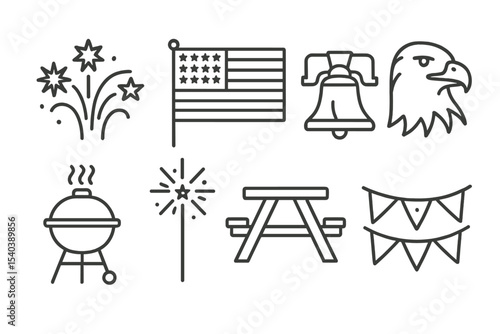 Independence Day Icons. Line style icons of Independence Day: fireworks, American flag, liberty bell, eagle. BBQ grill, sparkler,