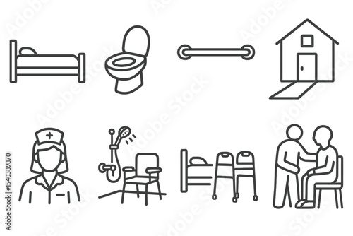Home Rehab Icons. Line style icons of home rehabilitation: home bed, raised toilet, grab bar, mobility ramp. home nurse, adaptive