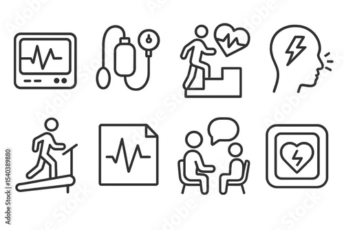 Heart and Stroke Icons. Line style icons of heart and stroke rehab: heart monitor, BP cuff, cardiac steps, stroke warning.