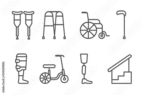 Mobility Aid Icons. Line style icons of mobility aids: crutches, walker, wheelchair, walking cane. leg brace, knee scooter,