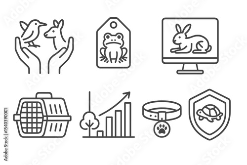 Ecological Disaster Icons. Line style icons of ecological disasters and response: wildlife rescue icon, endangered species tag,