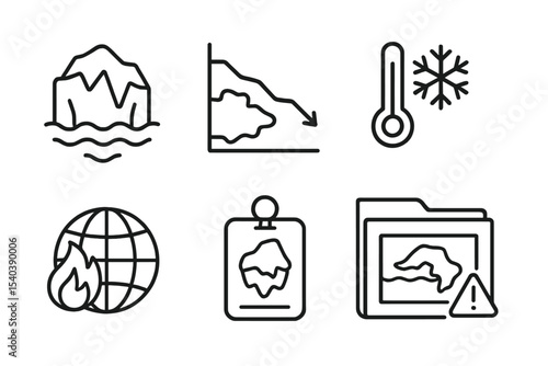Ecological Disasters Icons. Line style icons of ecological disasters and response: glacier melt icon, polar cap loss chart, ice