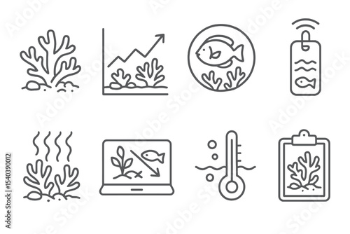 Ecological Disaster Icons. Line style icons of ecological disasters and response: coral bleaching icon, reef heat stress chart,