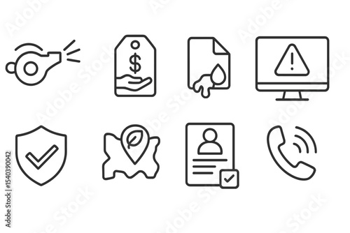 Ecological Icons Collection. Line style icons of ecological disasters and response: environmental whistleblower icon, corruption