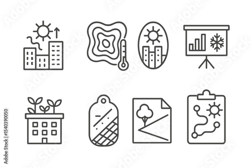 Ecological Disaster Icons. Line style icons of ecological disasters and response: urban heat island icon, temperature map, city