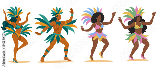 Brazil carnival dancers women and men in feathers costumes. Festival dancing performing silhouettes. Brazilian carnival performers