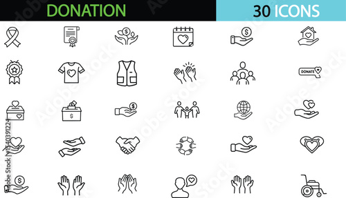 Charity and Donation set of web icons in line style. Volunteering and donation icons for web and mobile app. Help, caring, solidarity, alms, donate, volunteer, care, vector illustration