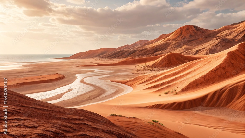 Naklejka premium Desert landscape with coastal inlet and sand dunes