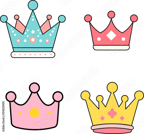 Set of four colorful cartoon crowns in flat vector style, symbolizing royalty, beauty, and playful elegance.