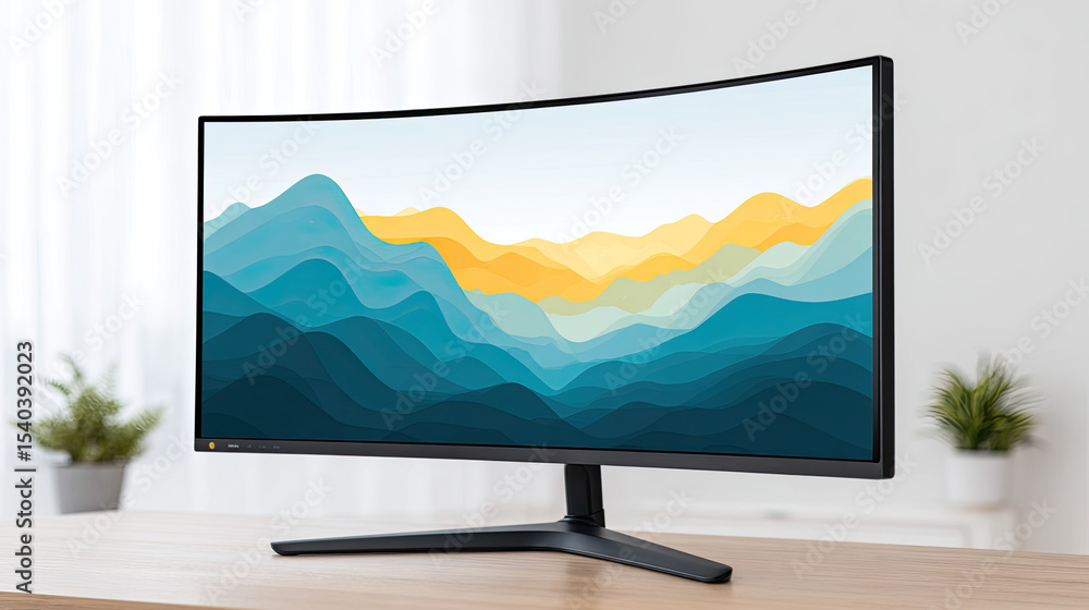 Fototapeta premium Curved widescreen monitor on desk with colorful mountain wallpaper