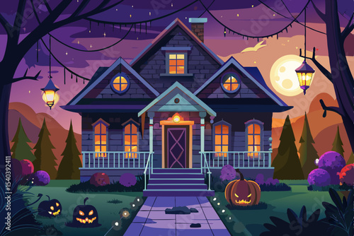 Spooky haunted house in the dark woods with pumpkins, bats, and a full moon illuminating the sky